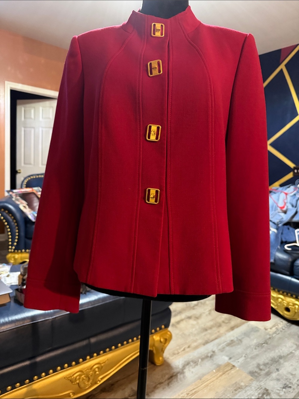 TAHARI Elegant Red Women's Jacket with Gold Accent Buttons